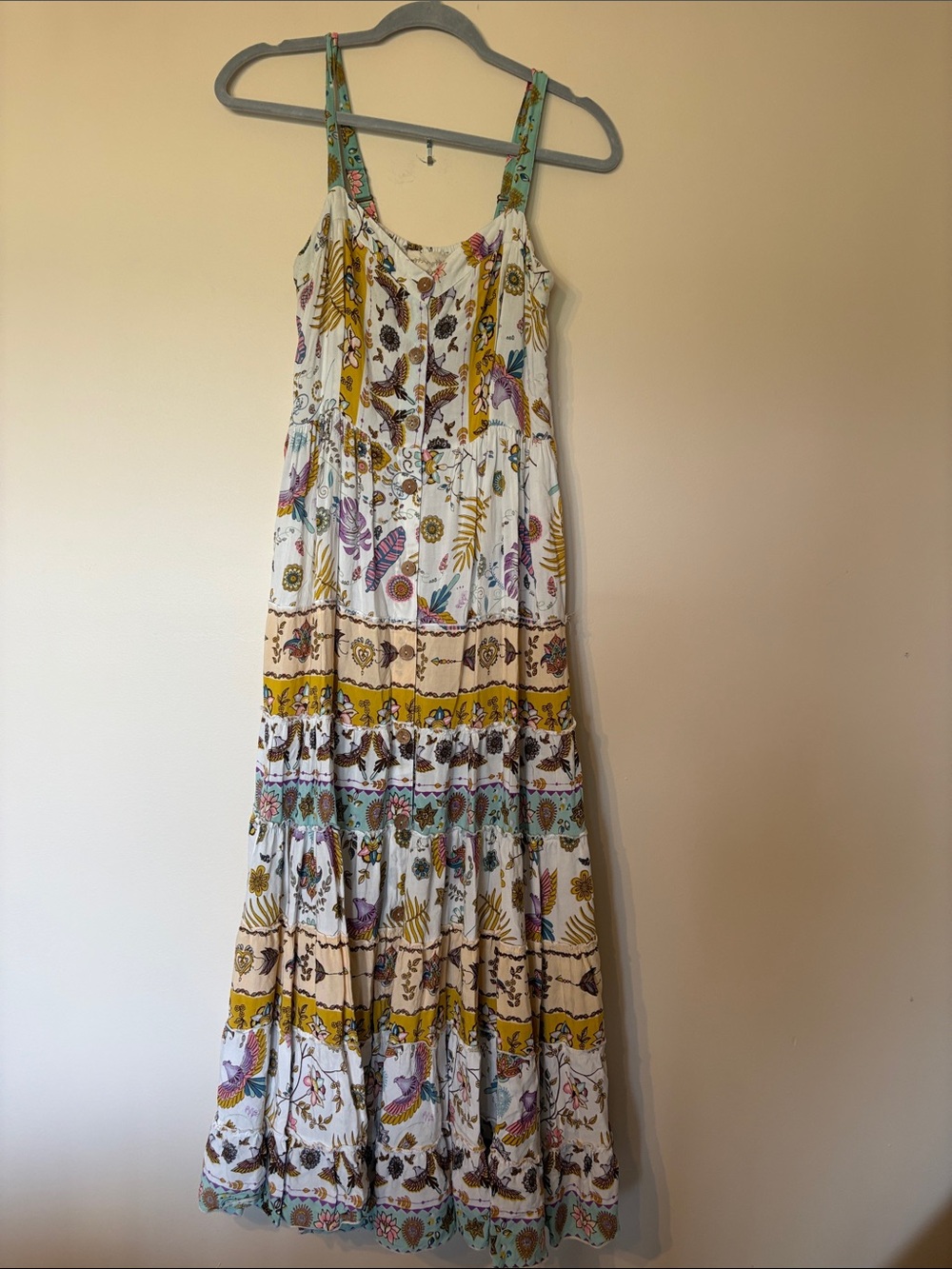 Boho Tiered Maxi Sundress in White with Mustard & Teal Accents